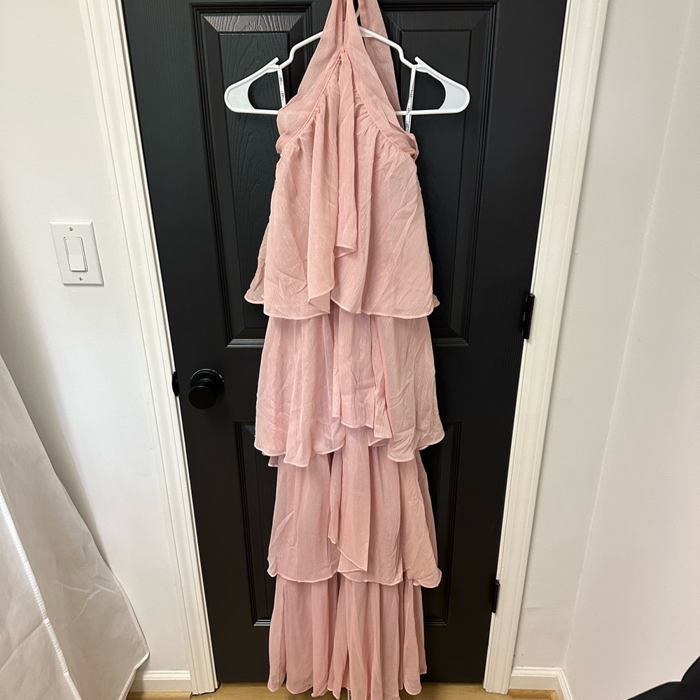 NWT - Club London - Kassiah Light Pink Halter-Neck Ruffle Maxi Dress (Size 6)